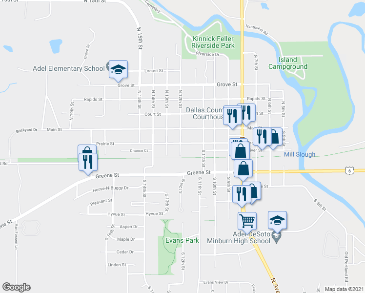 map of restaurants, bars, coffee shops, grocery stores, and more near 1137 Prairie Street in Adel