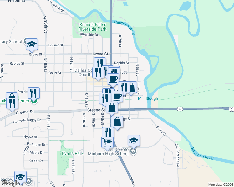 map of restaurants, bars, coffee shops, grocery stores, and more near 209 Nile Kinnick Drive South in Adel