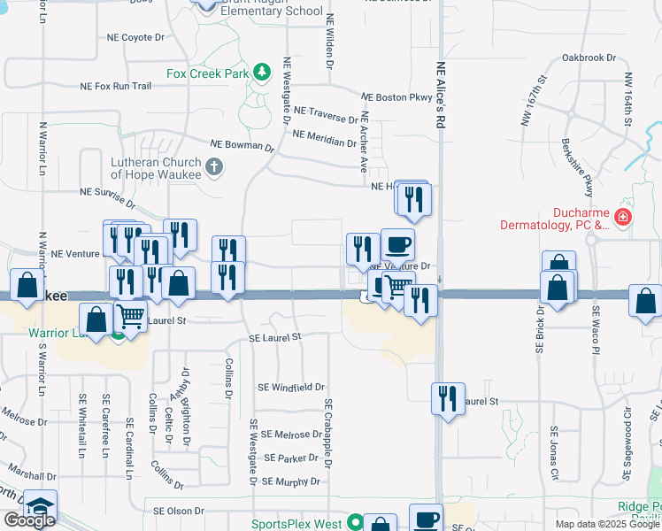 map of restaurants, bars, coffee shops, grocery stores, and more near 657 Northeast Venture Drive in Waukee