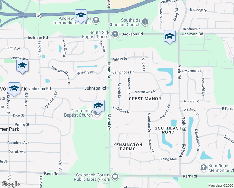 map of restaurants, bars, coffee shops, grocery stores, and more near 5533 Raleigh Drive in South Bend