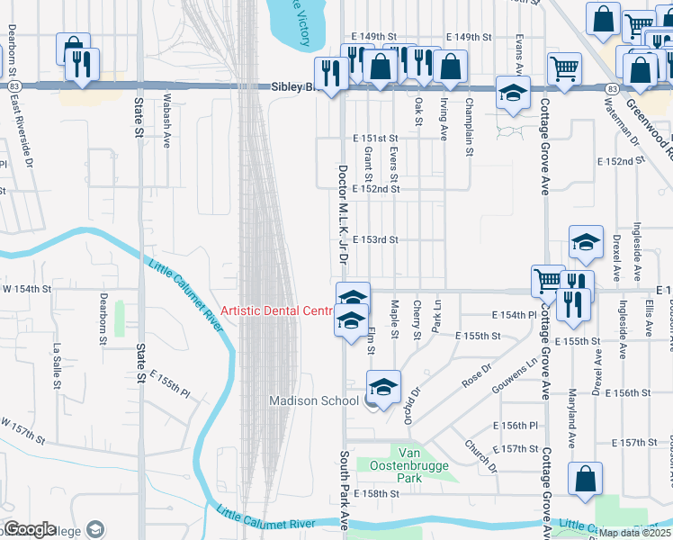 map of restaurants, bars, coffee shops, grocery stores, and more near 15328 Doctor Martin Luther King Junior Drive in Dolton