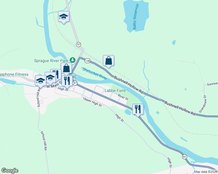 map of restaurants, bars, coffee shops, grocery stores, and more near 50 River Street in Sprague