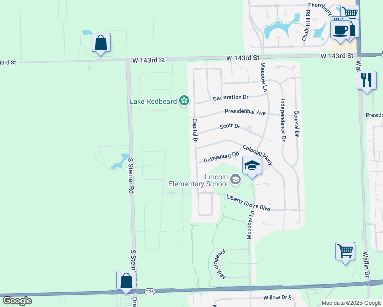 map of restaurants, bars, coffee shops, grocery stores, and more near 14610 Capital Drive in Plainfield