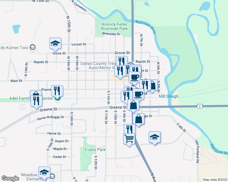 map of restaurants, bars, coffee shops, grocery stores, and more near 202 South 10th Street in Adel