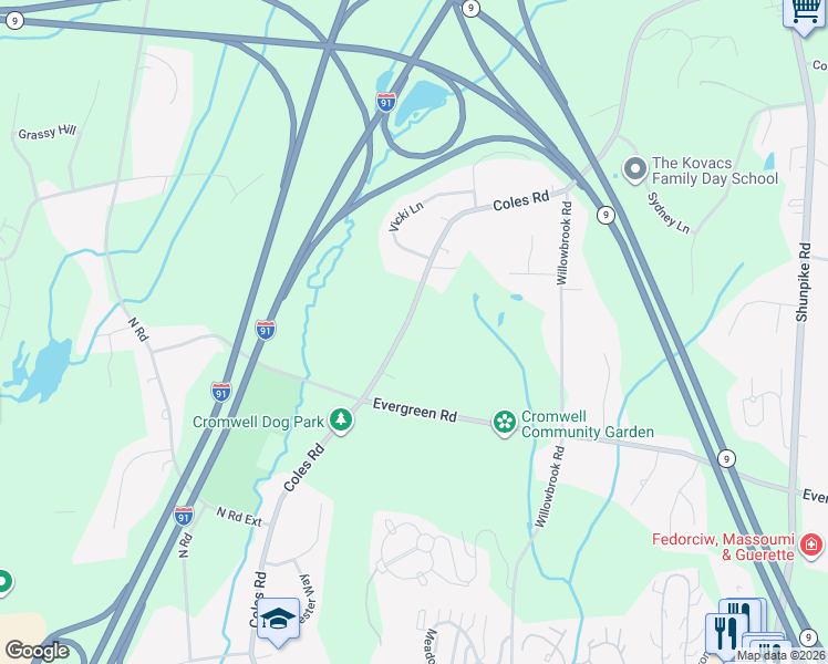 map of restaurants, bars, coffee shops, grocery stores, and more near 110 Coles Road in Cromwell