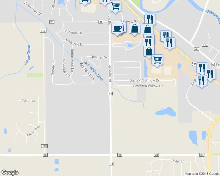 map of restaurants, bars, coffee shops, grocery stores, and more near 60491 County Road 15 in Elkhart
