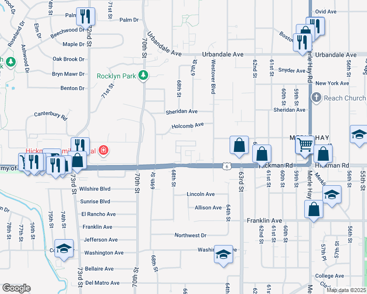 map of restaurants, bars, coffee shops, grocery stores, and more near 6715 Hickman Road in Des Moines