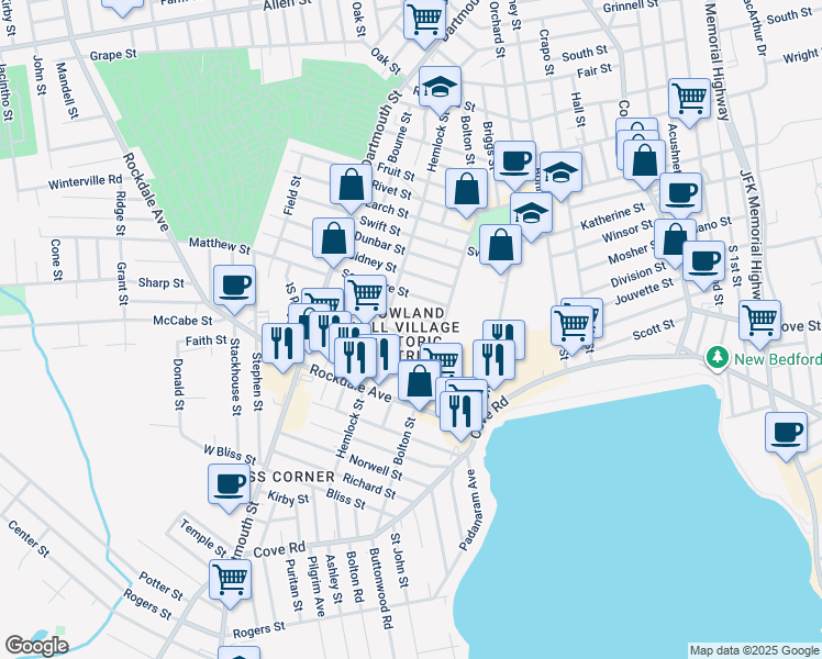 map of restaurants, bars, coffee shops, grocery stores, and more near 35 Winsper Street in New Bedford