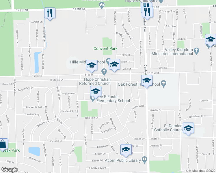 map of restaurants, bars, coffee shops, grocery stores, and more near 15142 Colina Avenue in Oak Forest