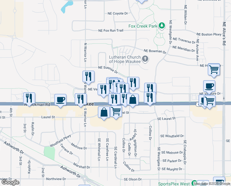 map of restaurants, bars, coffee shops, grocery stores, and more near 17 Northeast Carefree Lane in Waukee