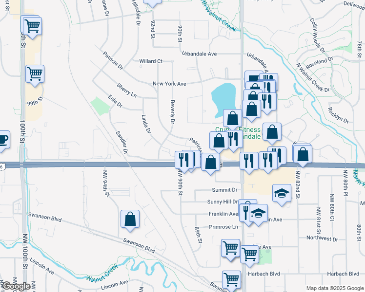 map of restaurants, bars, coffee shops, grocery stores, and more near 8825 Hickman Road in Urbandale