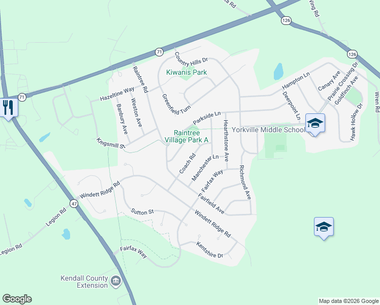 map of restaurants, bars, coffee shops, grocery stores, and more near 575 Coach Road in Yorkville