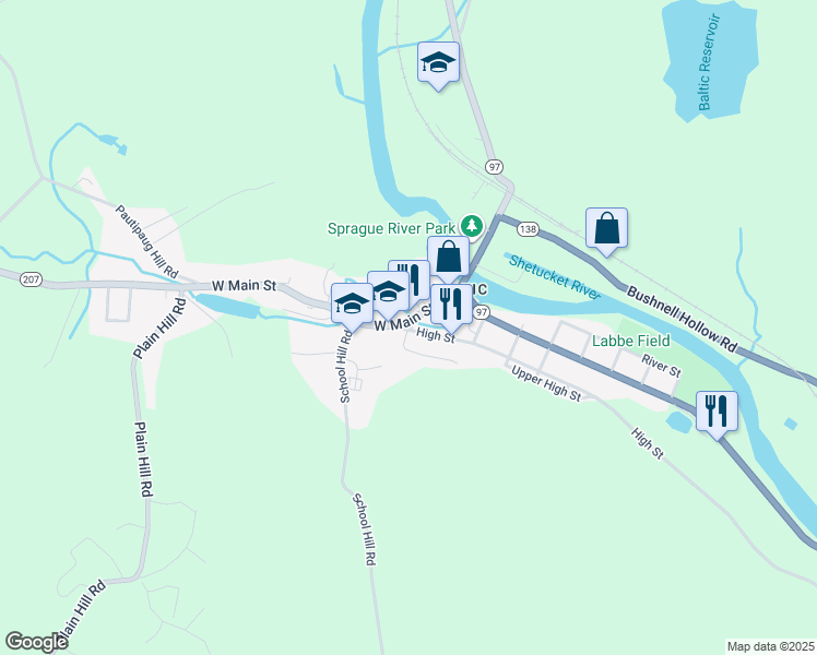 map of restaurants, bars, coffee shops, grocery stores, and more near 104 High Street in Sprague