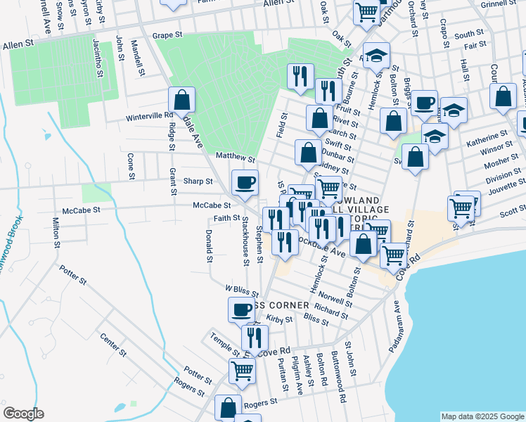 map of restaurants, bars, coffee shops, grocery stores, and more near 204 Rockdale Avenue in New Bedford