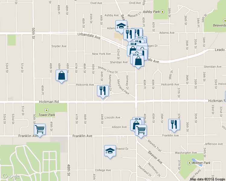 map of restaurants, bars, coffee shops, grocery stores, and more near 2407 Raymond Drive in Des Moines