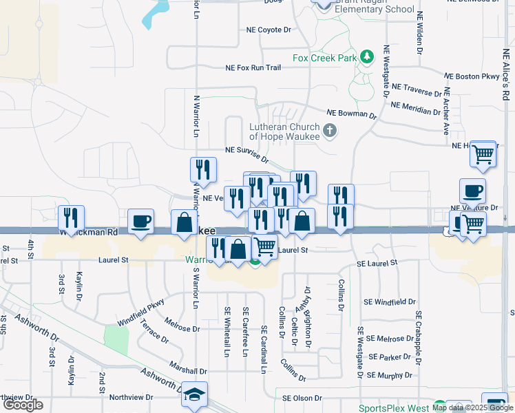 map of restaurants, bars, coffee shops, grocery stores, and more near 17 Northeast Carefree Lane in Waukee
