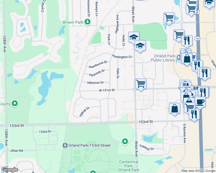 map of restaurants, bars, coffee shops, grocery stores, and more near 15056 Highland Avenue in Orland Park