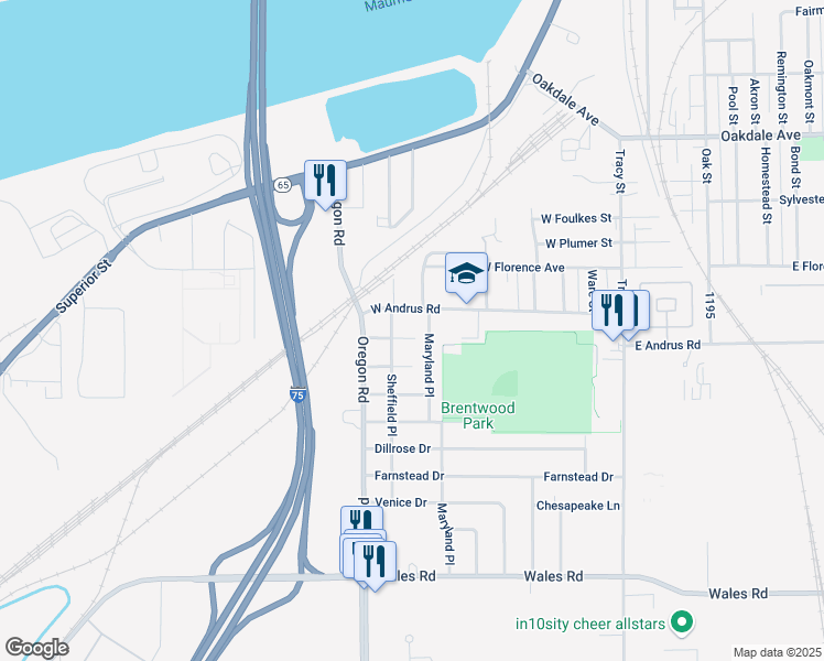 map of restaurants, bars, coffee shops, grocery stores, and more near 414 Rosedale Drive in Northwood