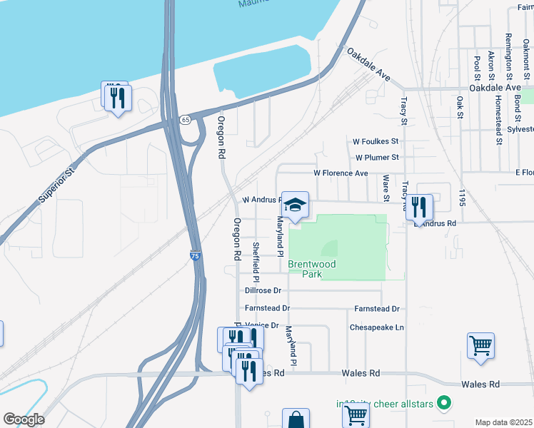 map of restaurants, bars, coffee shops, grocery stores, and more near 414 Rosedale Drive in Northwood