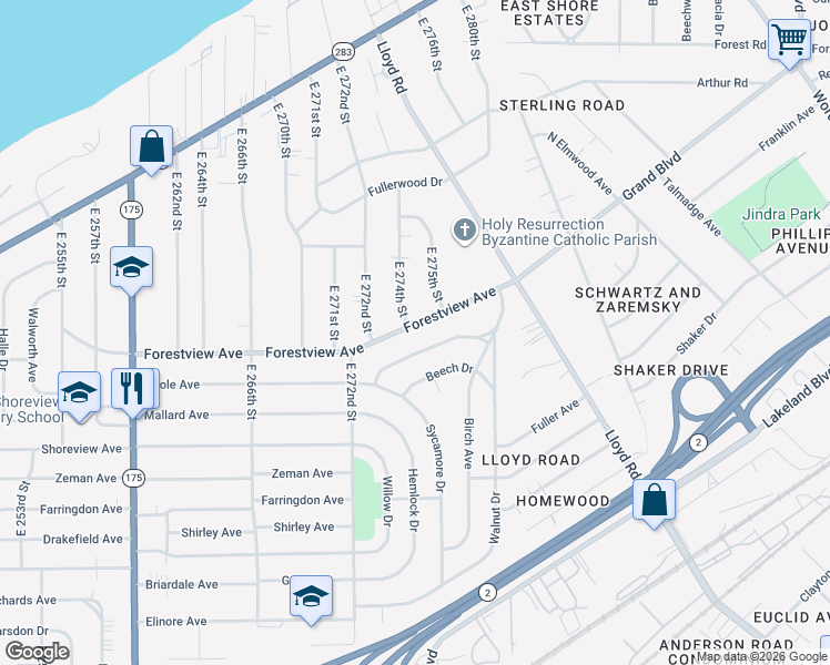 map of restaurants, bars, coffee shops, grocery stores, and more near 27340 Forestview Avenue in Euclid