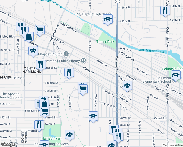 map of restaurants, bars, coffee shops, grocery stores, and more near 620 Sibley St in Hammond