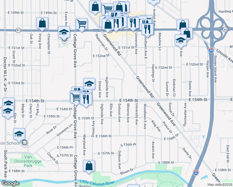 map of restaurants, bars, coffee shops, grocery stores, and more near 15352 Ellis Avenue in South Holland