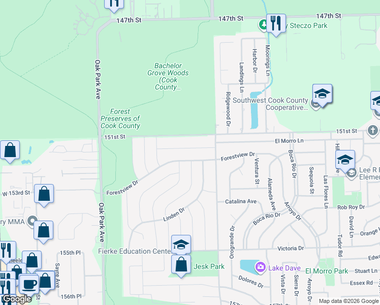 map of restaurants, bars, coffee shops, grocery stores, and more near 6500 Cedar Road in Oak Forest
