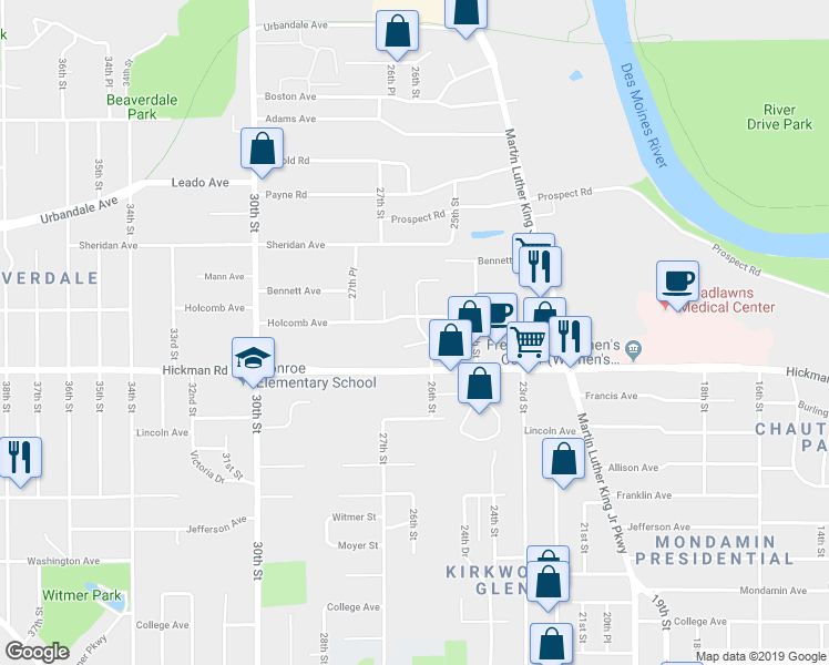 map of restaurants, bars, coffee shops, grocery stores, and more near 2408 26th Street in Des Moines
