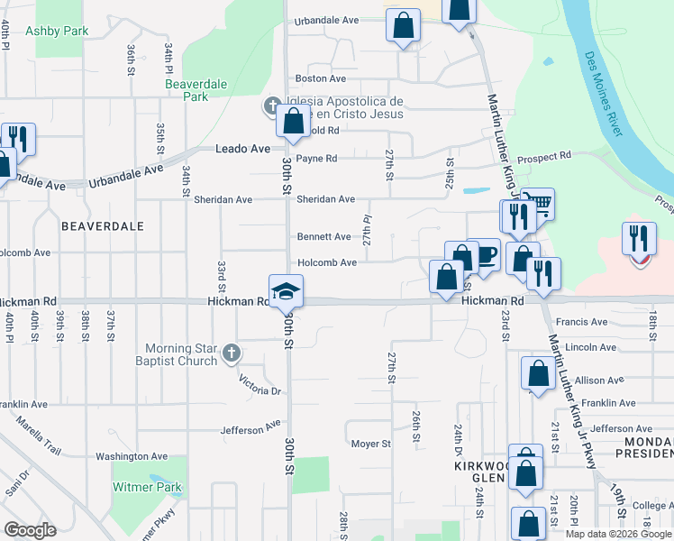 map of restaurants, bars, coffee shops, grocery stores, and more near 2740 Holcomb Avenue in Des Moines