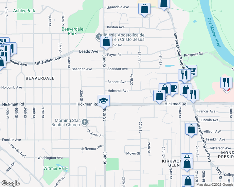 map of restaurants, bars, coffee shops, grocery stores, and more near 2814 Holcomb Avenue in Des Moines