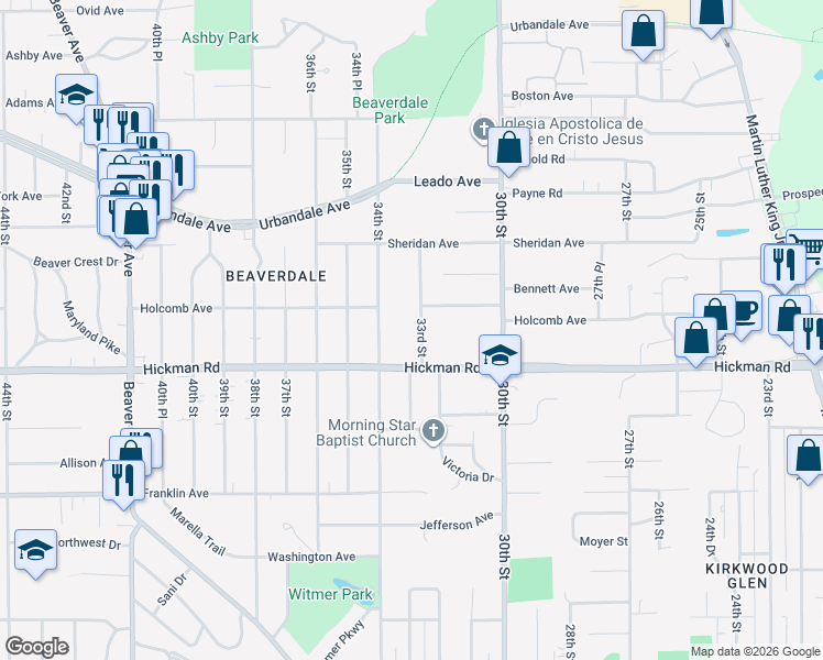 map of restaurants, bars, coffee shops, grocery stores, and more near 2323 33rd Street in Des Moines