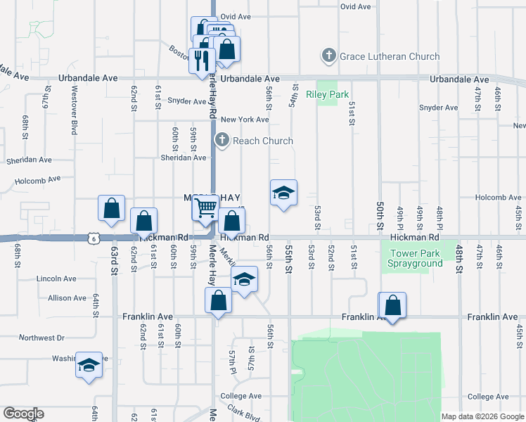 map of restaurants, bars, coffee shops, grocery stores, and more near 2400 56th Street in Des Moines