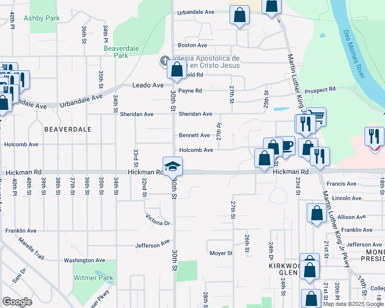 map of restaurants, bars, coffee shops, grocery stores, and more near 2814 Holcomb Avenue in Des Moines