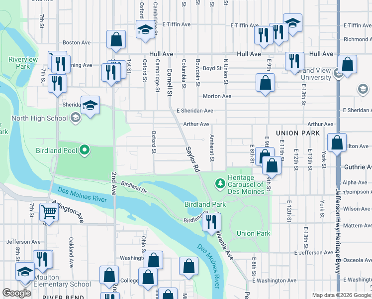 map of restaurants, bars, coffee shops, grocery stores, and more near 409 East Holcomb Avenue in Des Moines