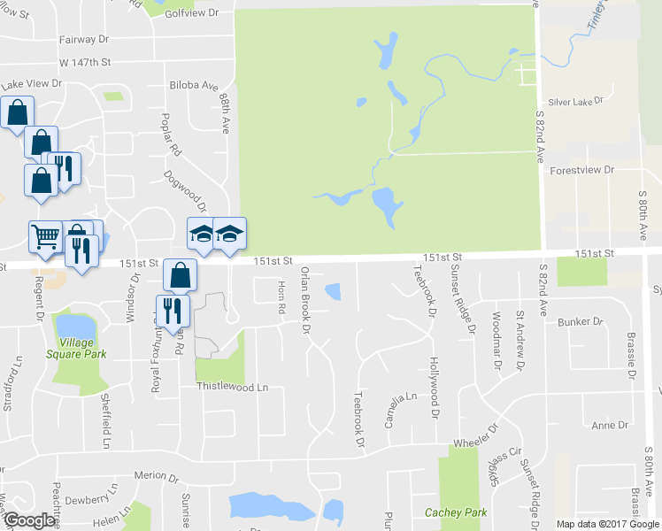 map of restaurants, bars, coffee shops, grocery stores, and more near 8605 151st Street in Orland Park