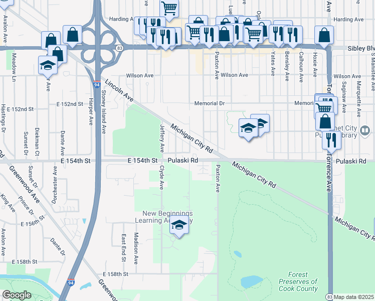 map of restaurants, bars, coffee shops, grocery stores, and more near 676 Clyde Avenue in Calumet City