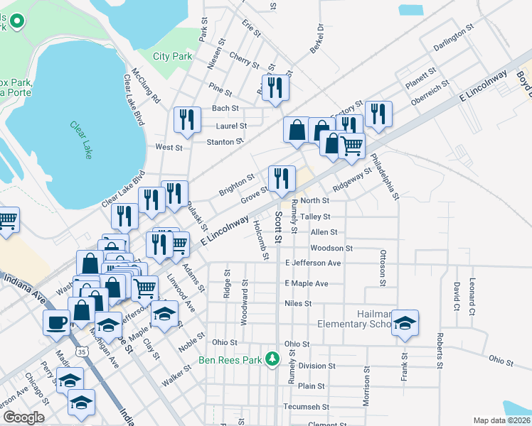 map of restaurants, bars, coffee shops, grocery stores, and more near 310 East Lincolnway in La Porte