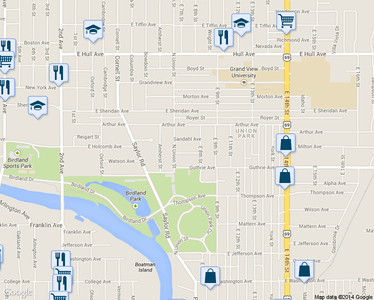 map of restaurants, bars, coffee shops, grocery stores, and more near 720 Wisconsin Ave in Des Moines