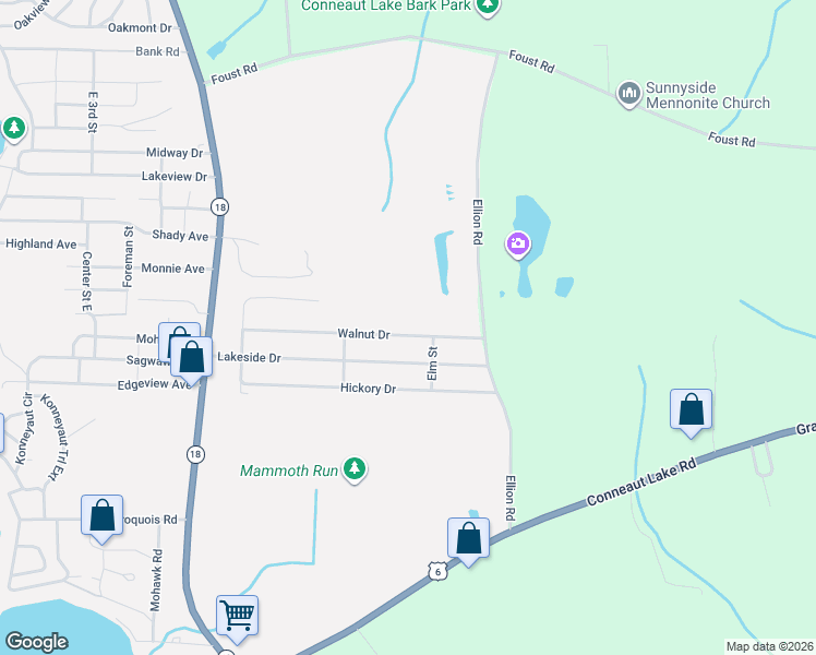 map of restaurants, bars, coffee shops, grocery stores, and more near 12511-12649 Walnut Drive in Conneaut Lake