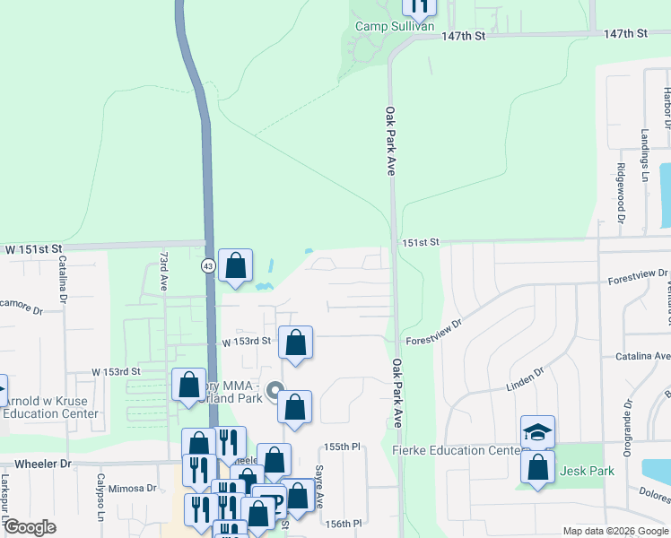 map of restaurants, bars, coffee shops, grocery stores, and more near 6840 Ridge Point Drive in Oak Forest
