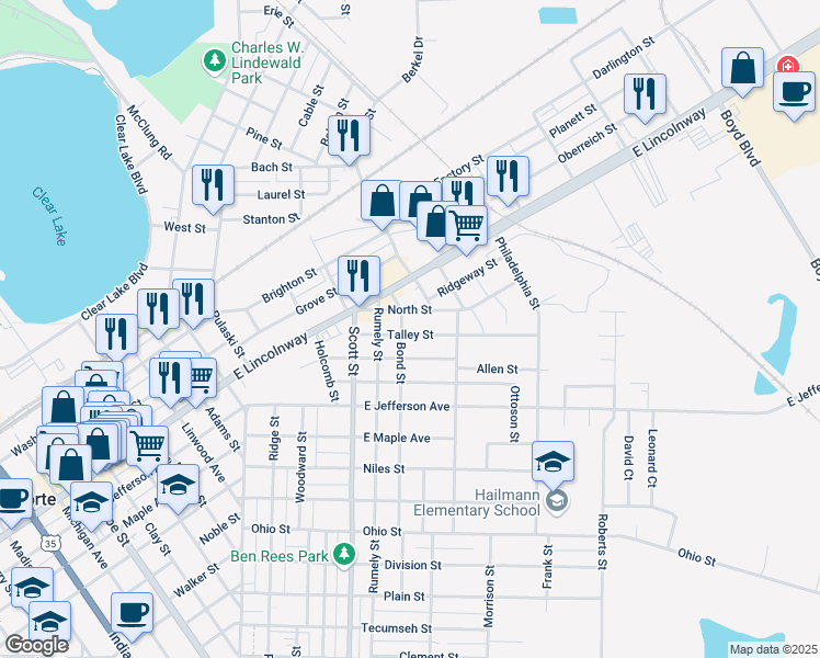 map of restaurants, bars, coffee shops, grocery stores, and more near 303 Talley Street in La Porte
