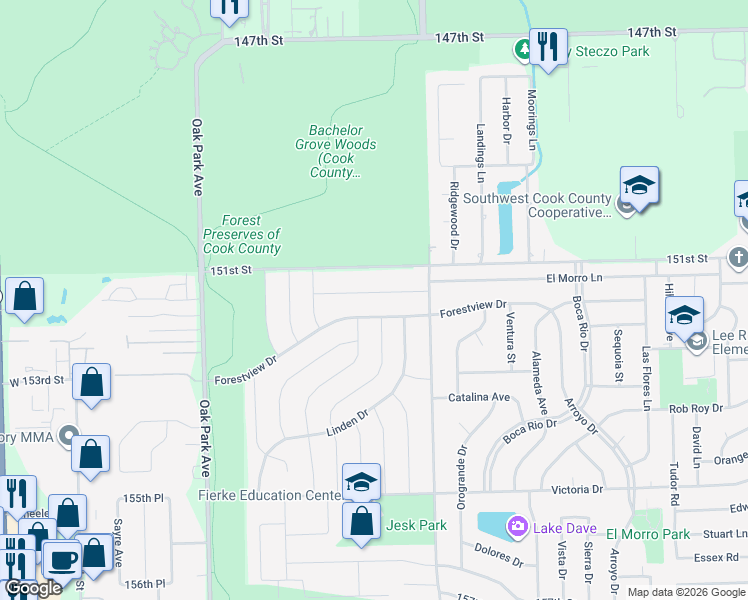 map of restaurants, bars, coffee shops, grocery stores, and more near 6500 Cedar Rd in Oak Forest