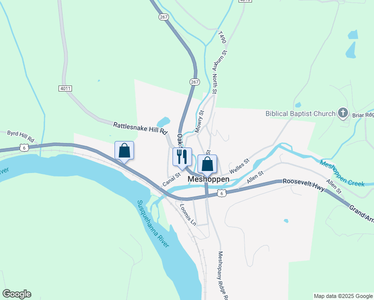 map of restaurants, bars, coffee shops, grocery stores, and more near 112 Mowry Road in Meshoppen