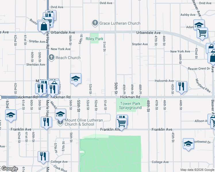map of restaurants, bars, coffee shops, grocery stores, and more near 2407 51st Street in Des Moines
