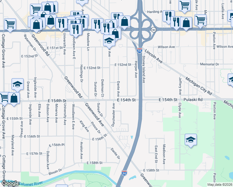 map of restaurants, bars, coffee shops, grocery stores, and more near 15332 Dante Avenue in Dolton