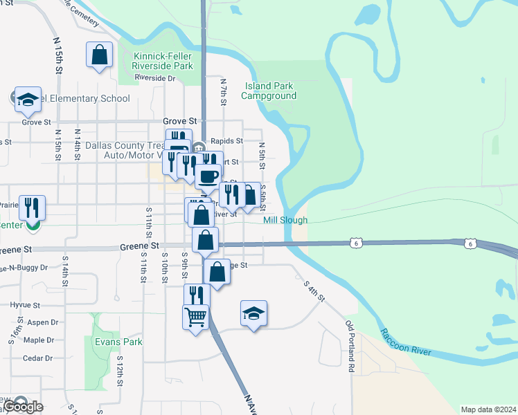 map of restaurants, bars, coffee shops, grocery stores, and more near 505 Prairie Street in Adel