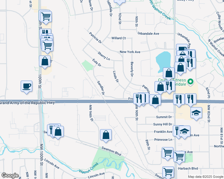map of restaurants, bars, coffee shops, grocery stores, and more near 2300 Linda Cir in Urbandale