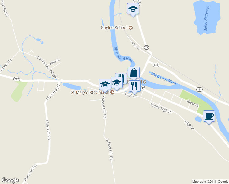 map of restaurants, bars, coffee shops, grocery stores, and more near 63 West Main Street in Sprague