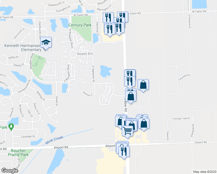 map of restaurants, bars, coffee shops, grocery stores, and more near 205 Oakcreek Lane in Romeoville