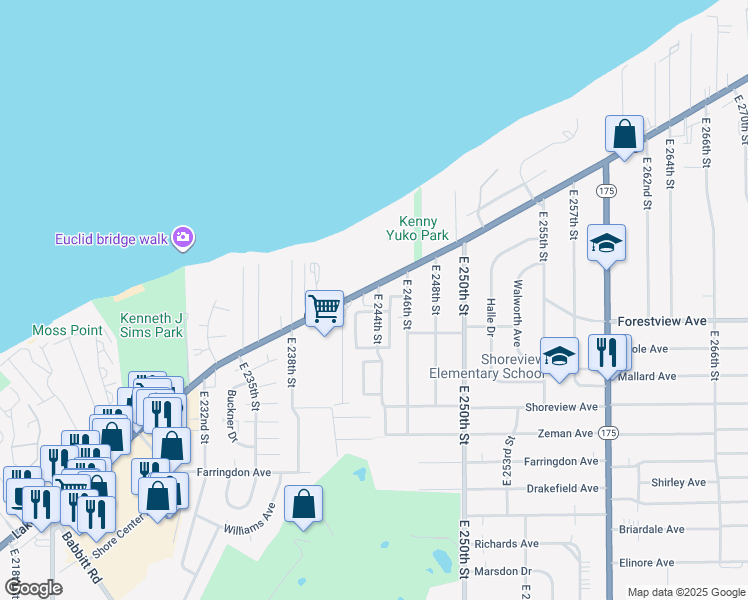 map of restaurants, bars, coffee shops, grocery stores, and more near 24390 Lakeshore Boulevard in Euclid